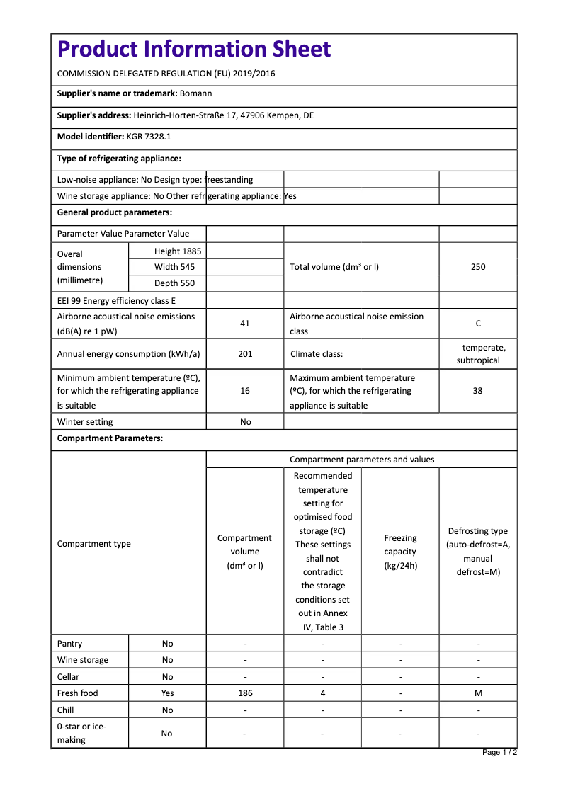 Page 1 of the manual Technical Sheet Bomann KGR 7328.1