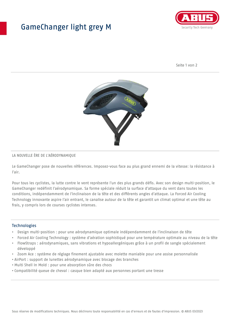 Page 1 de la notice Fiche technique Abus GameChanger
