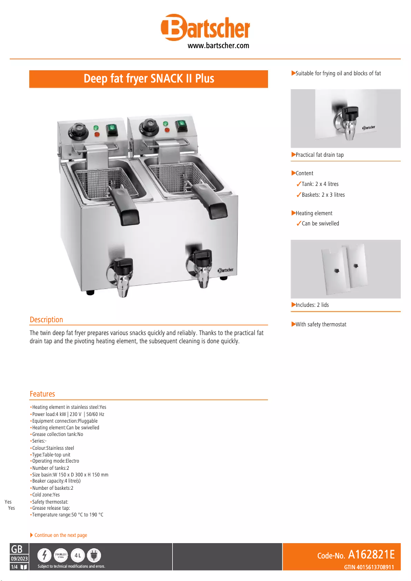 Page 1 of the manual Technical Sheet Bartscher SNACK II Plus A162821E