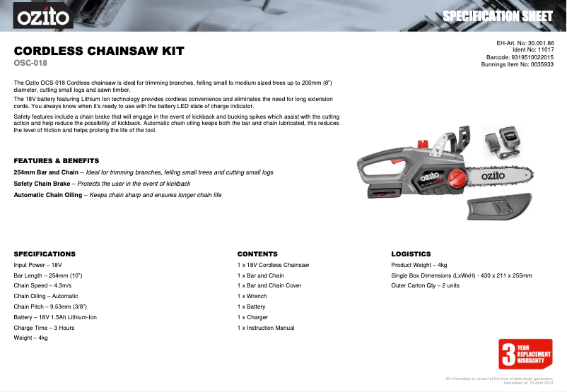 First page image of the manual for OCS-018