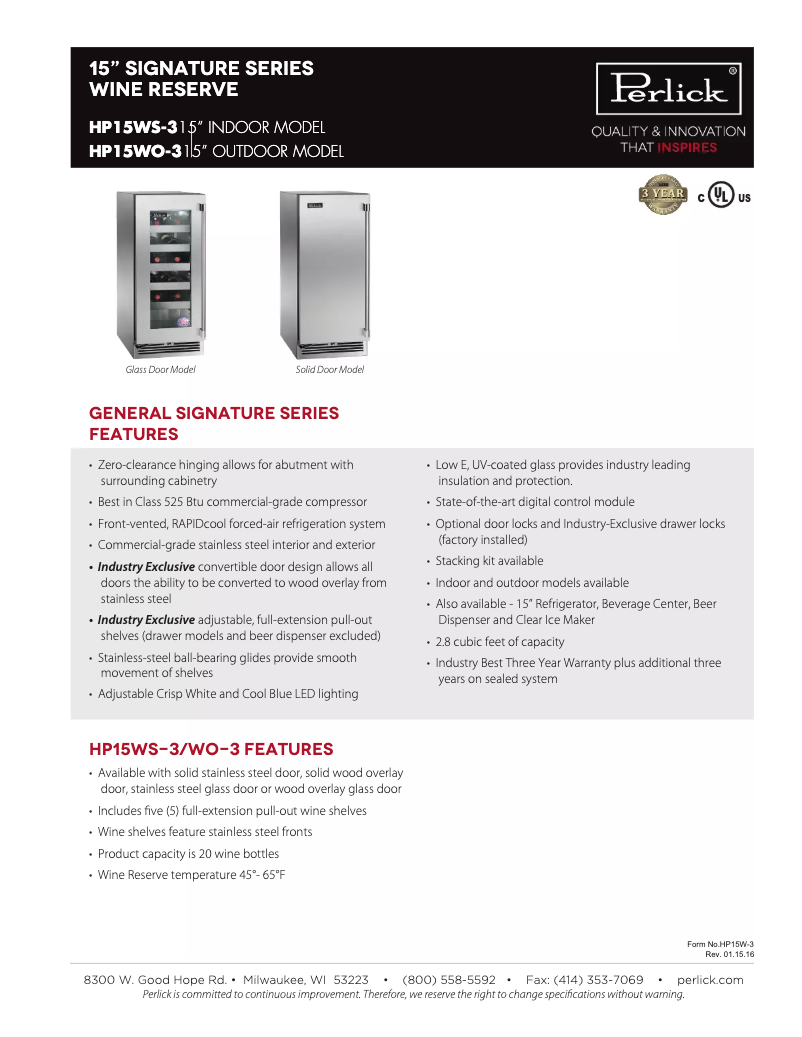 Page 1 of the manual Technical Sheet Perlick Signature Series HP15WS-3-2R