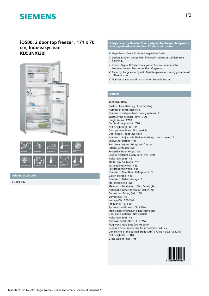 Page 1 of the manual Technical Sheet Siemens KD53NXI30I