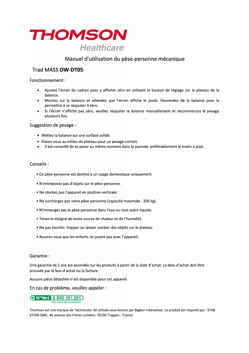Page 1 of the manual User Manual Thomson OW-DT05