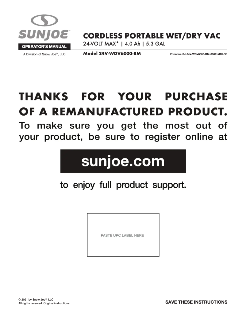 Page 1 of the manual User Manual Sun Joe 24V-WDV6000-RM