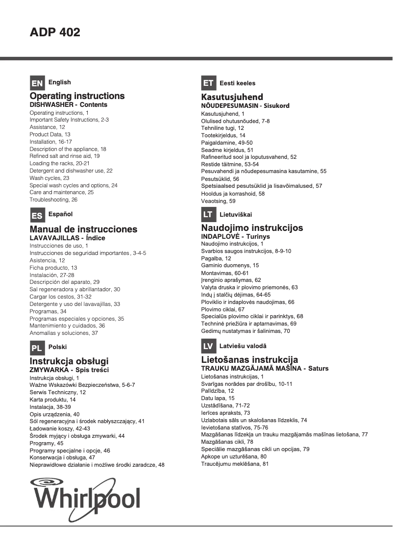 Page 1 of the manual Instruction Manual Whirlpool ADP 402