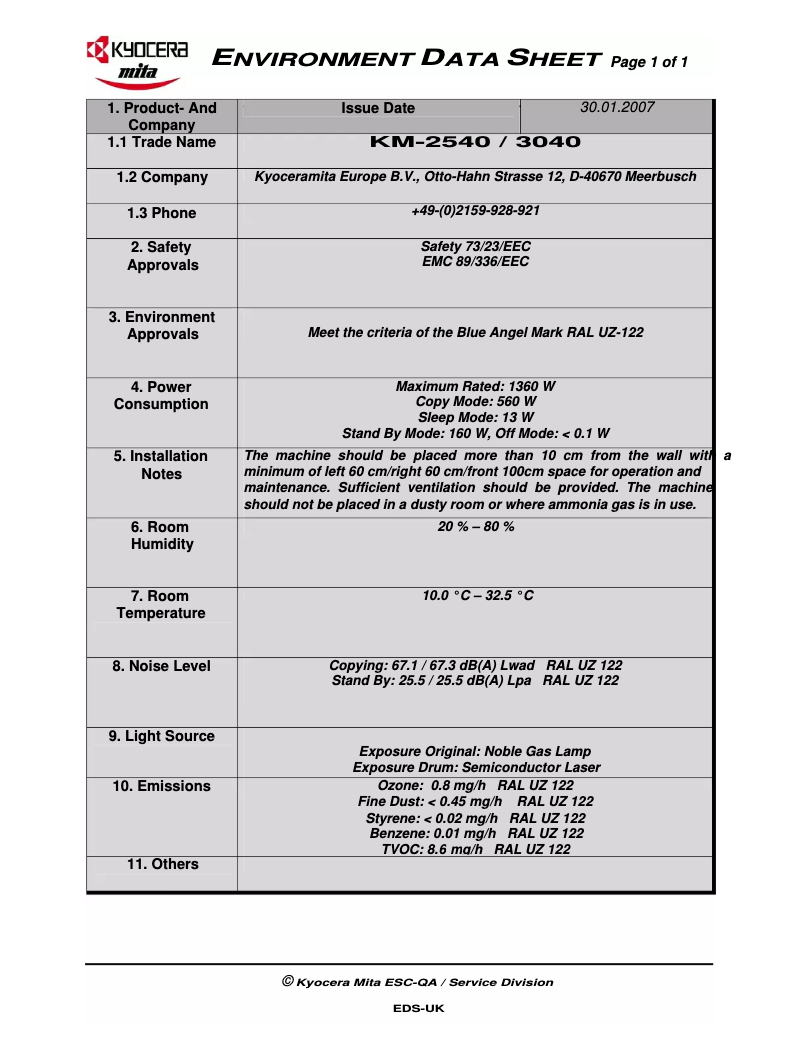Page 1 of the manual Technical Sheet Kyocera KM-2540