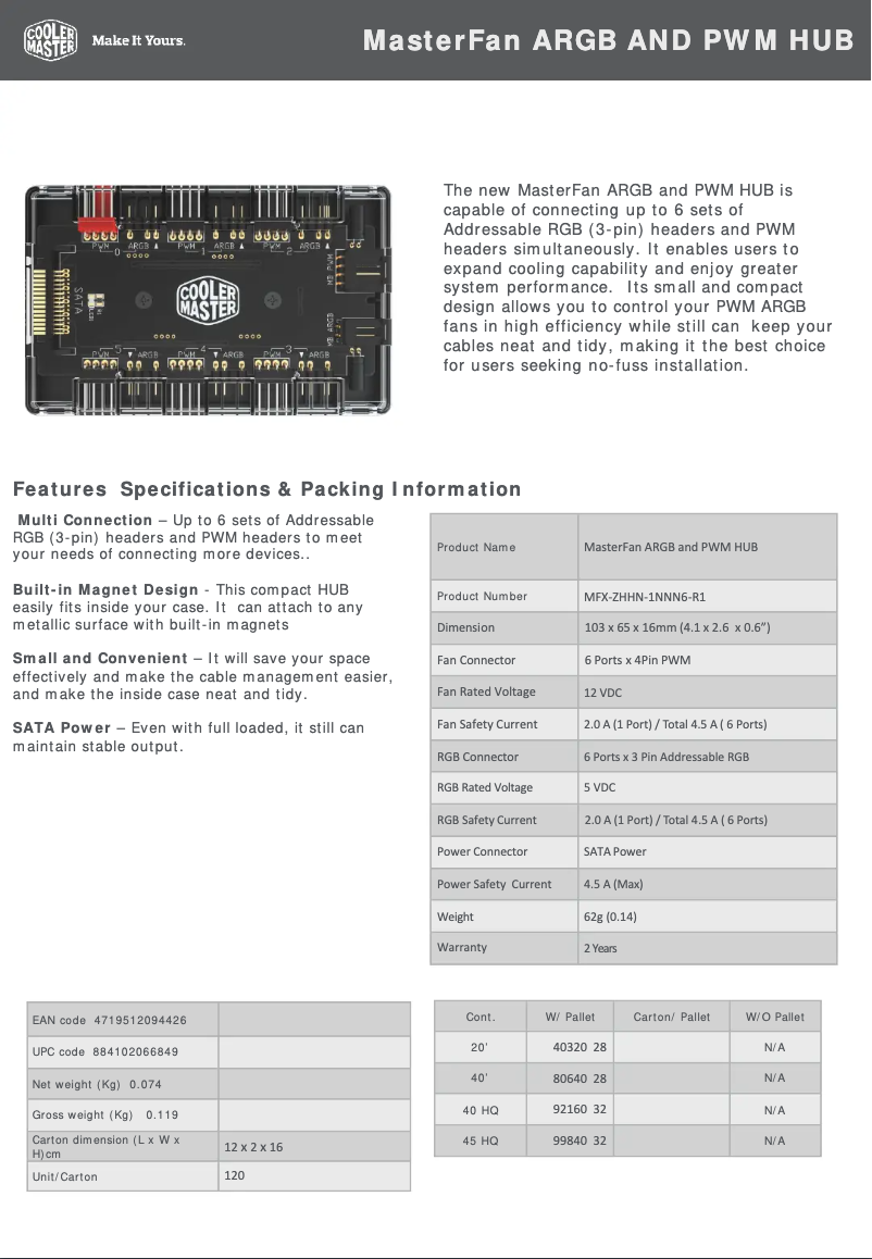 Page 1 of the manual Technical Sheet Cooler Master MasterFan ARGB and PWM HUB