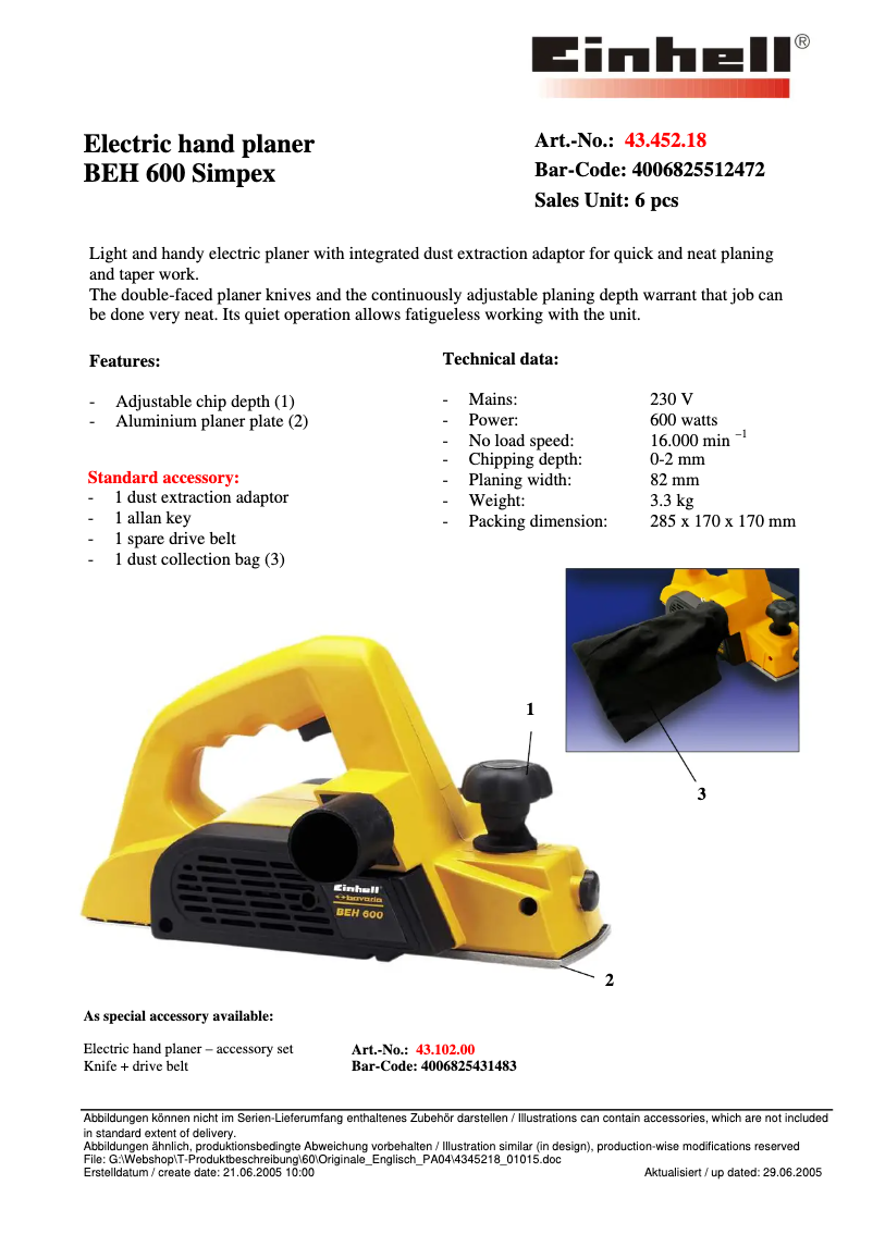Page 1 of the manual Technical Sheet Bavaria by Einhell BEH 600