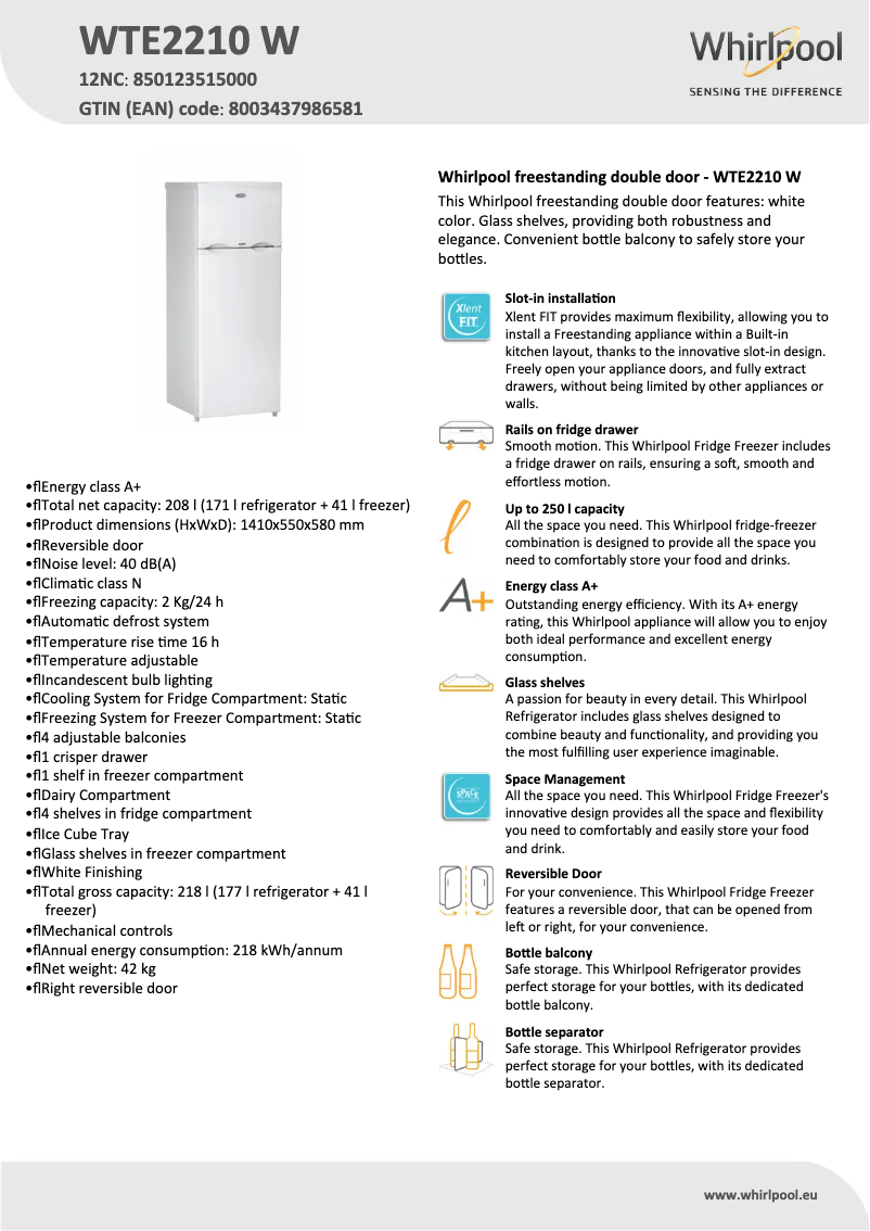 Page 1 of the manual Technical Sheet Whirlpool WTE2210 W