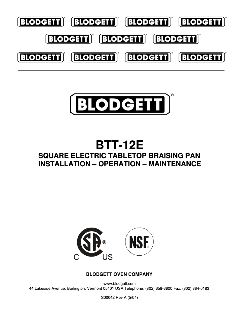 Page 1 of the manual User Manual Blodgett BTT-12E