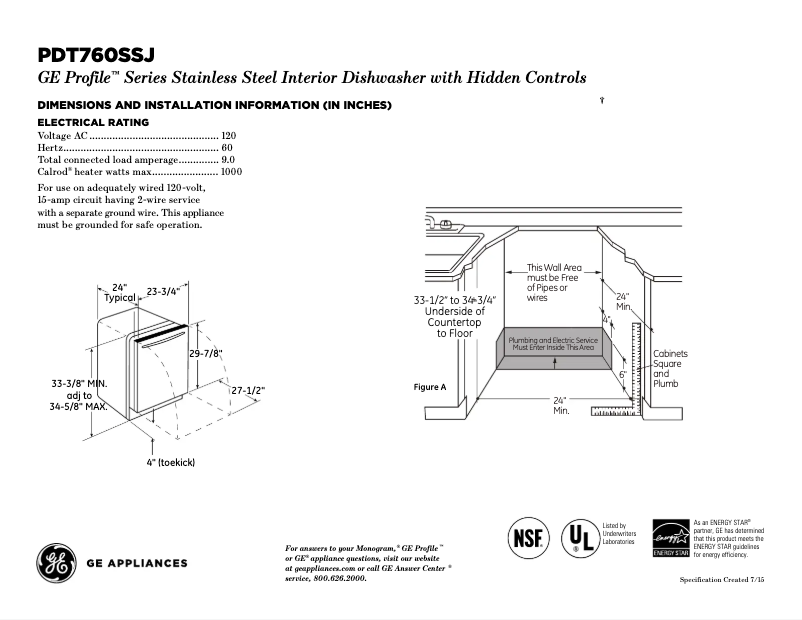 Page 1 of the manual Technical Sheet GE Profile PDT760SSJSS