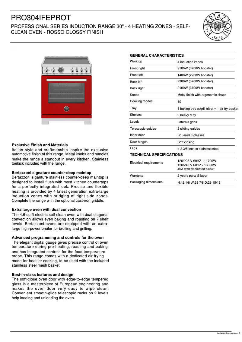 Page 1 of the manual Technical Sheet Bertazzoni PRO304IFEPROT
