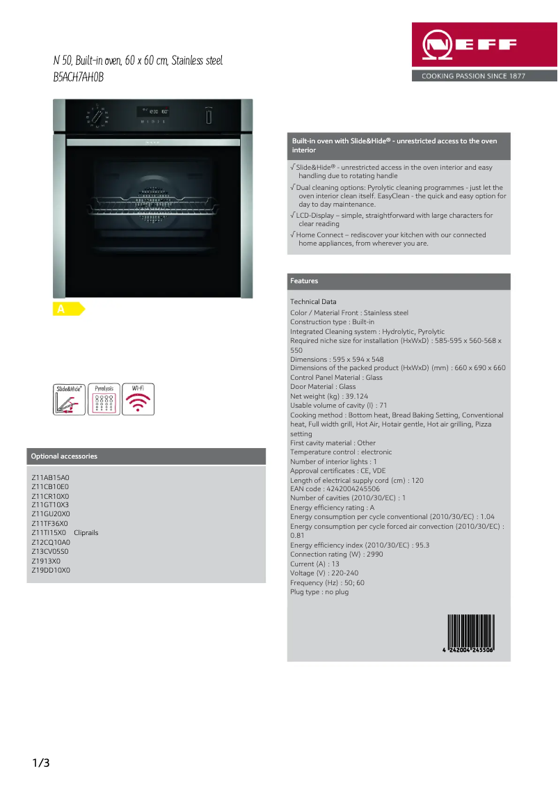 Page 1 of the manual Technical Sheet Neff B5ACH7AH0B