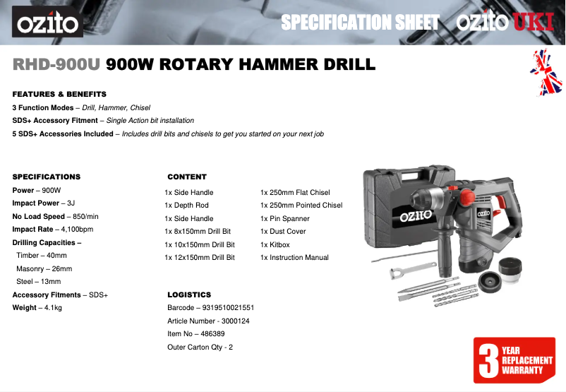 Page 1 of the manual Technical Sheet Ozito RHD-900U