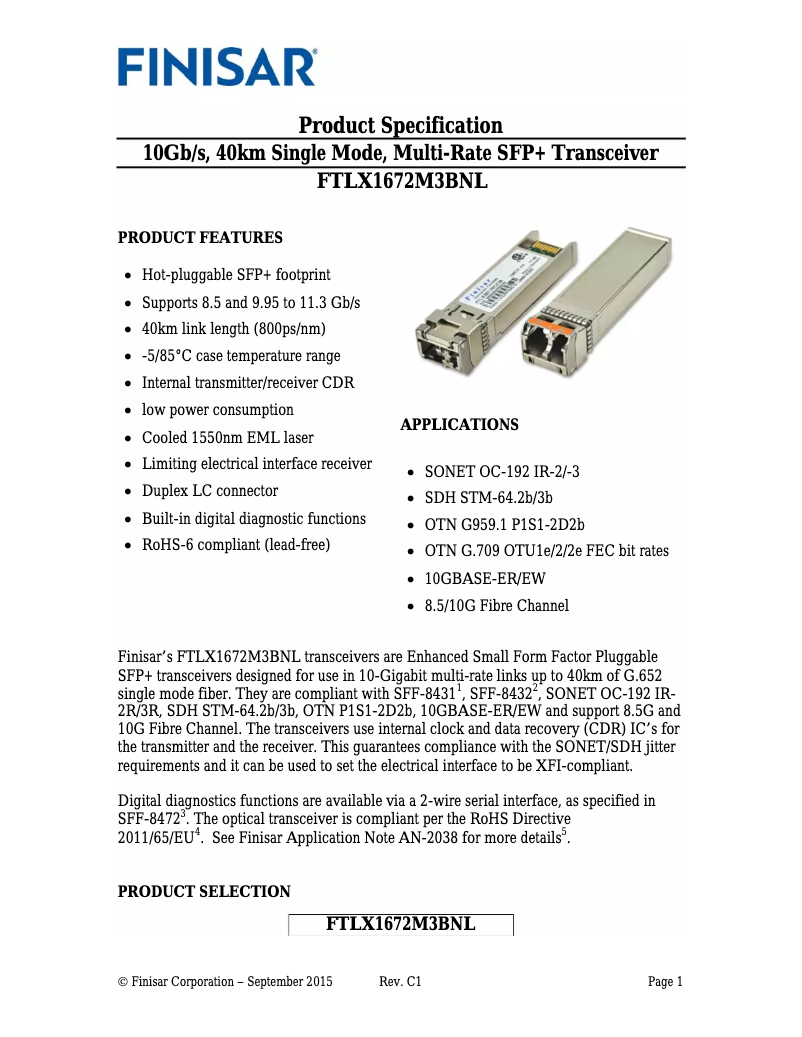 Page 1 of the manual User Manual Finisar FTLX1672M3BNL