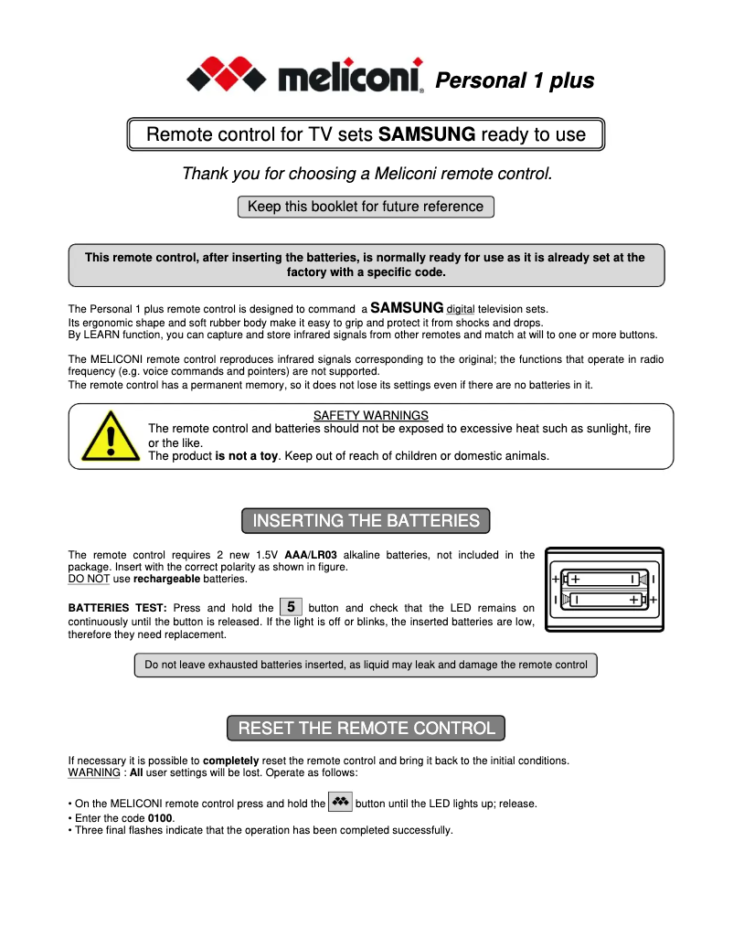Page 1 of the manual User Manual Meliconi Personal 1 plus