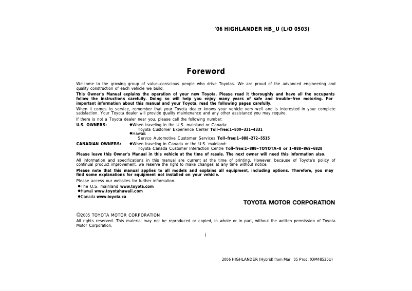Page 1 of the manual User Manual Toyota Highlander HV (2006)