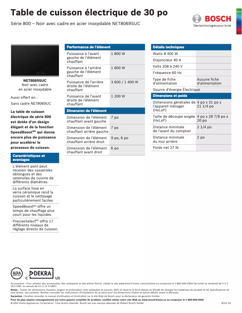 Page 1 of the manual Technical Sheet Bosch NET8069SUC