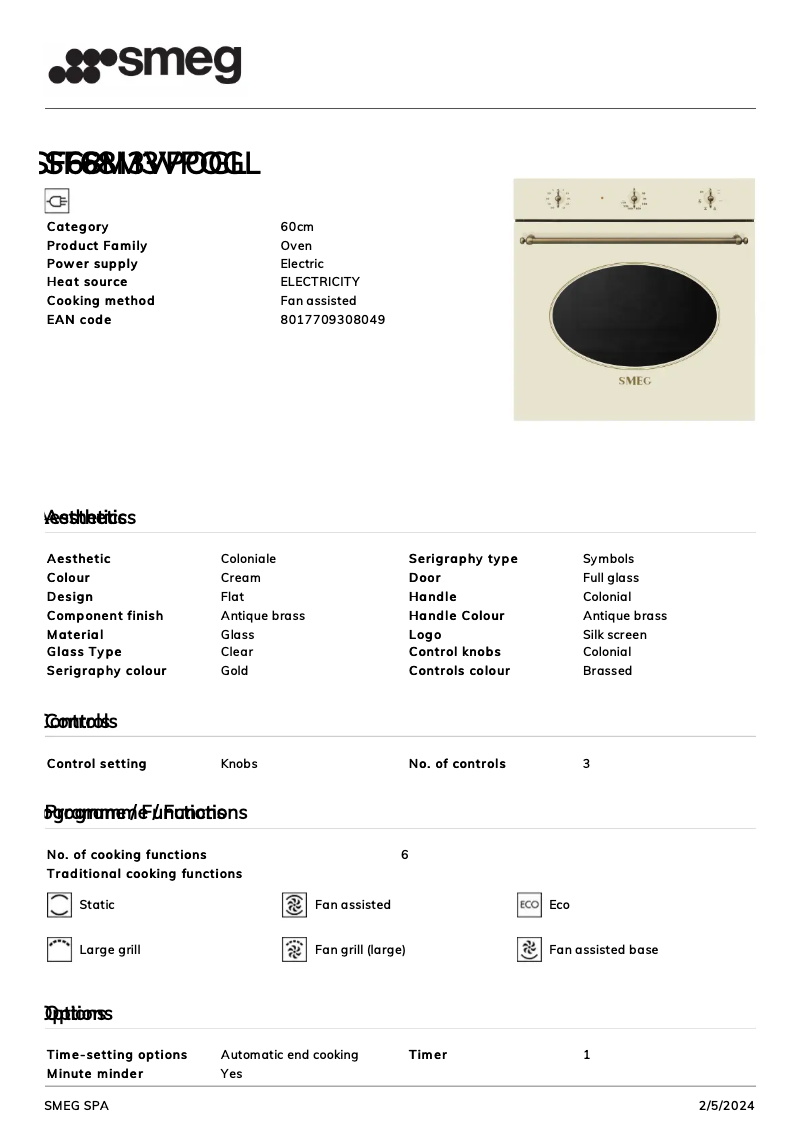 Page 1 of the manual Technical Sheet Smeg SF68M3VPOGL