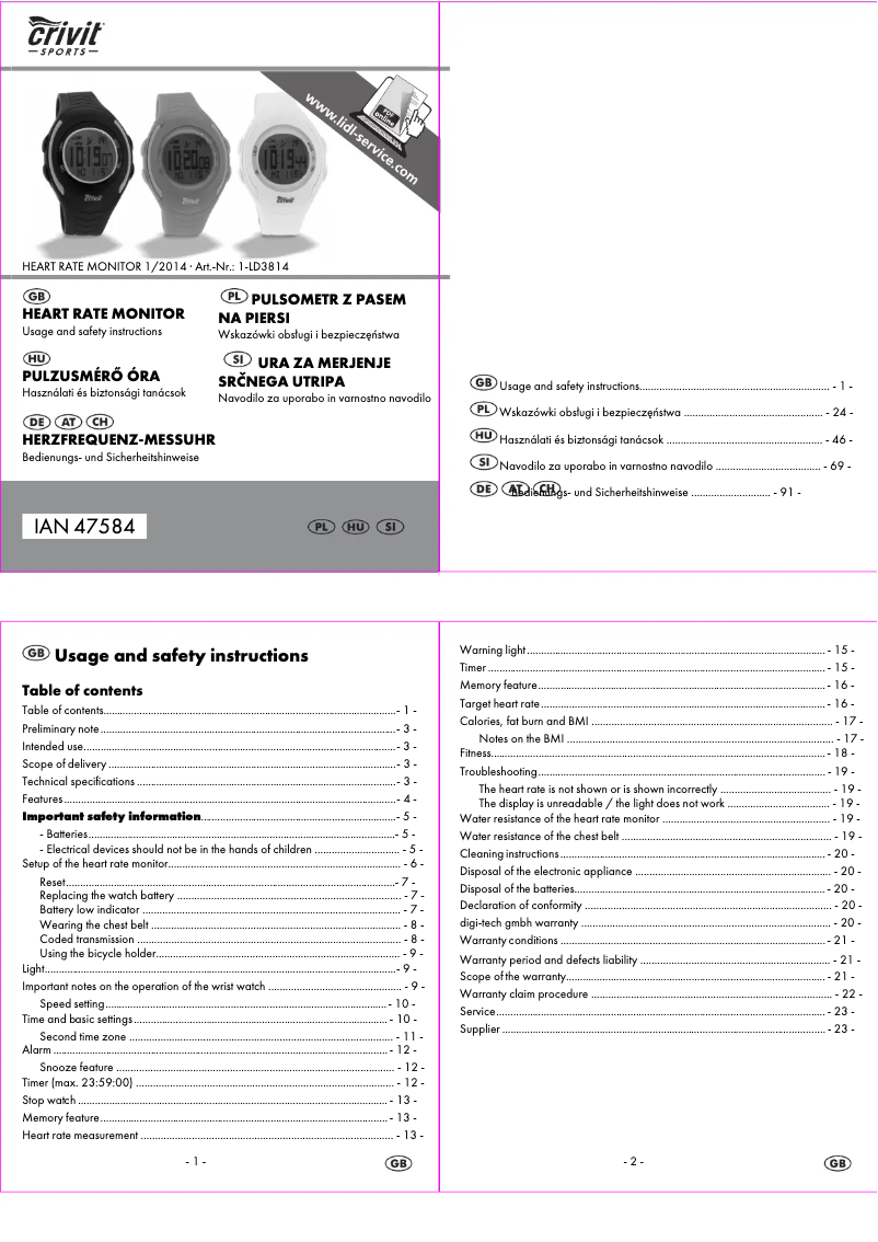 Page 1 of the manual User Manual Crivit IAN 47584