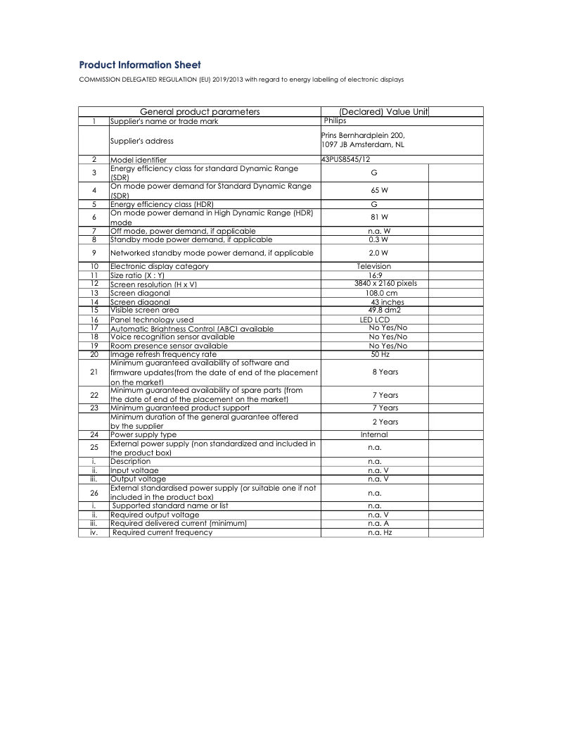 First page image of the manual for 43PUS8545