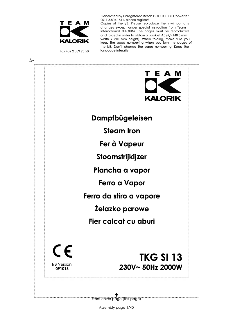 First page image of the manual for TKG SI 13