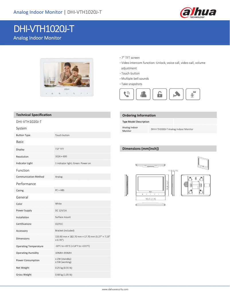 Page 1 of the manual Technical Sheet Dahua Technology VTH1020J-T