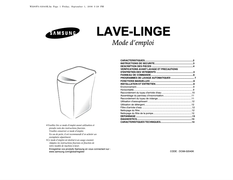 First page image of the manual for WA95F3B3EW