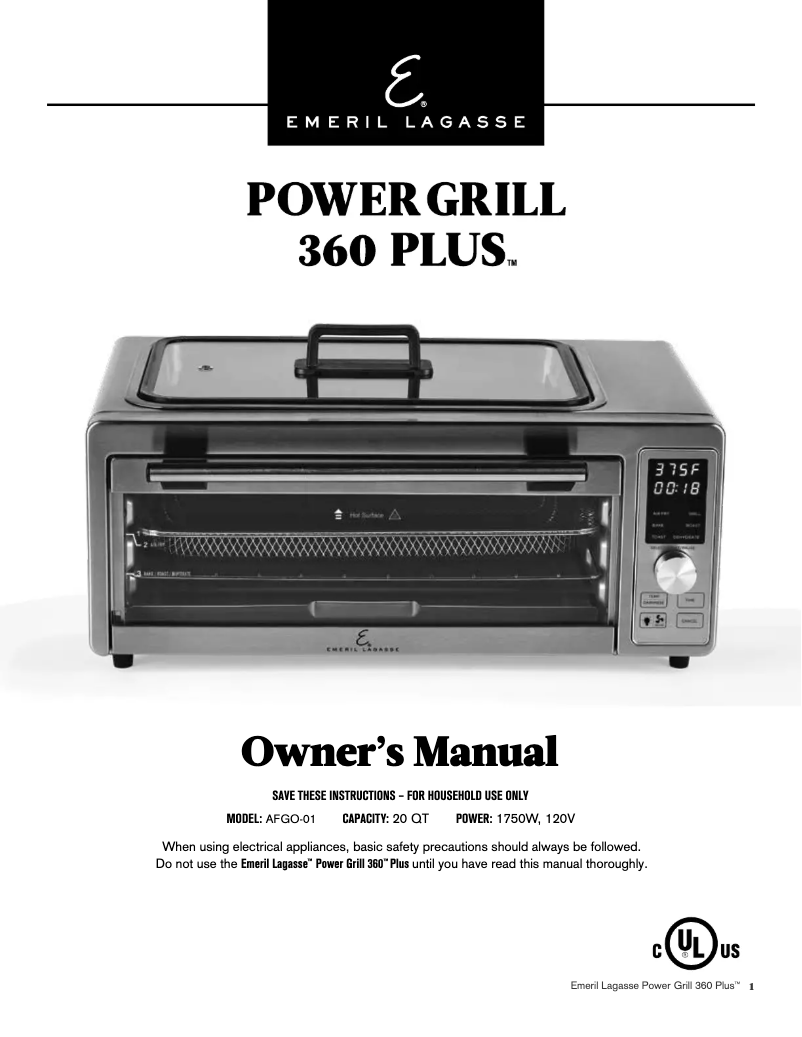 Page 1 of the manual User Manual Emeril Lagasse Power Grill 360 Plus AFGO-01