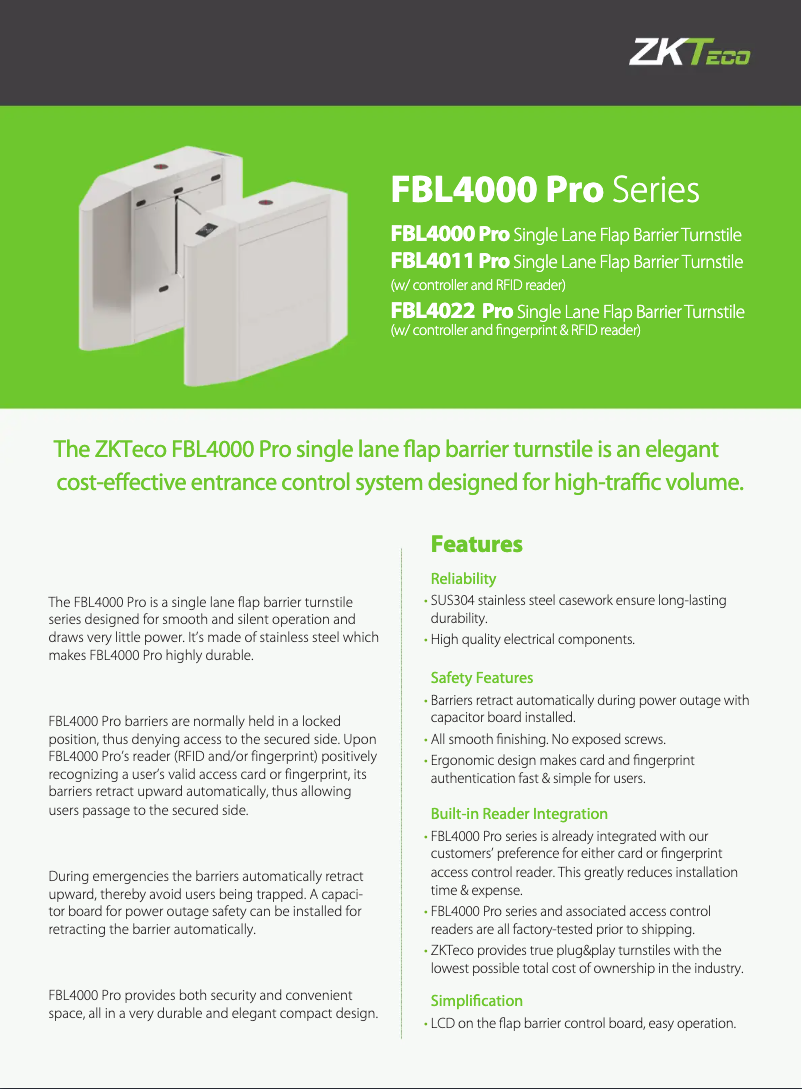 Page 1 de la notice Fiche technique ZKTeco FBL4000 Pro