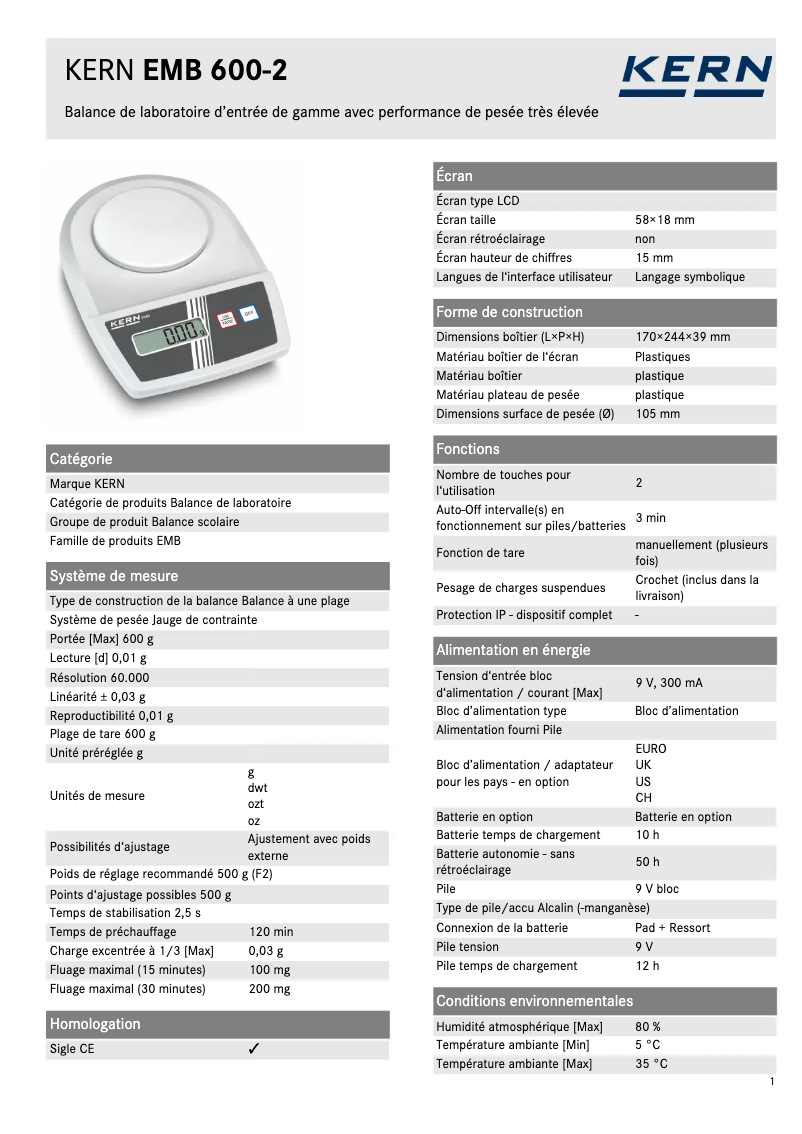 Page 1 of the manual Technical Sheet Kern EMB 600-2