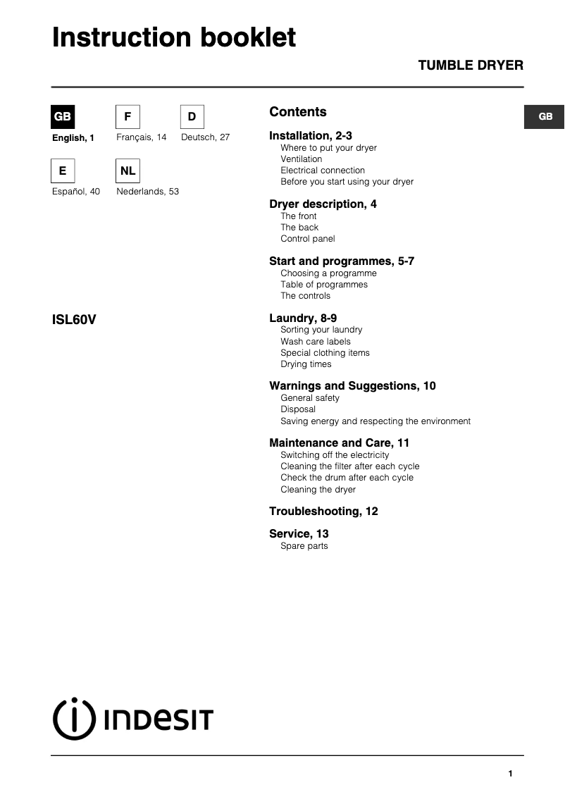Page 1 of the manual User Manual Indesit ISL 60 V