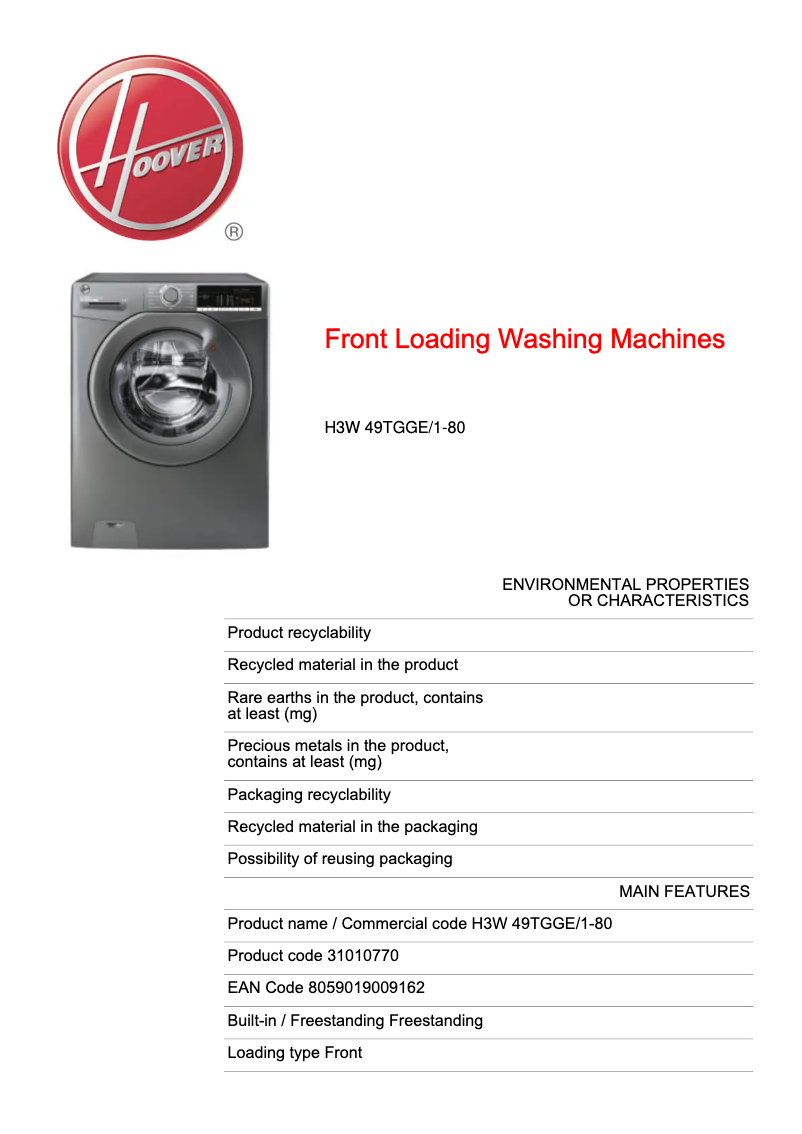 First page image of the manual for H-WASH 300 LITE H3W 49TGGE/1-80