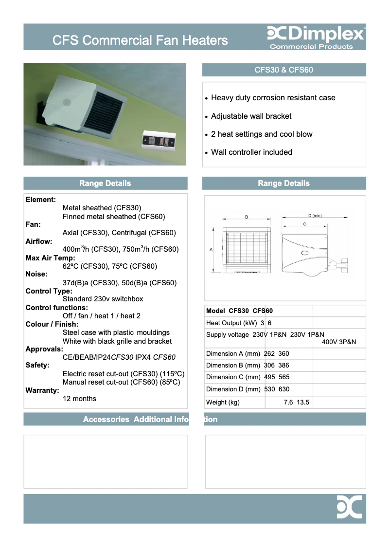 Page 1 of the manual Technical Sheet Dimplex CFS60