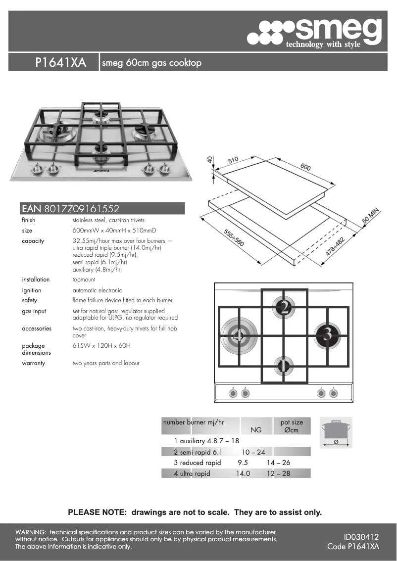 Page 1 of the manual Technical Sheet Smeg P1641XA