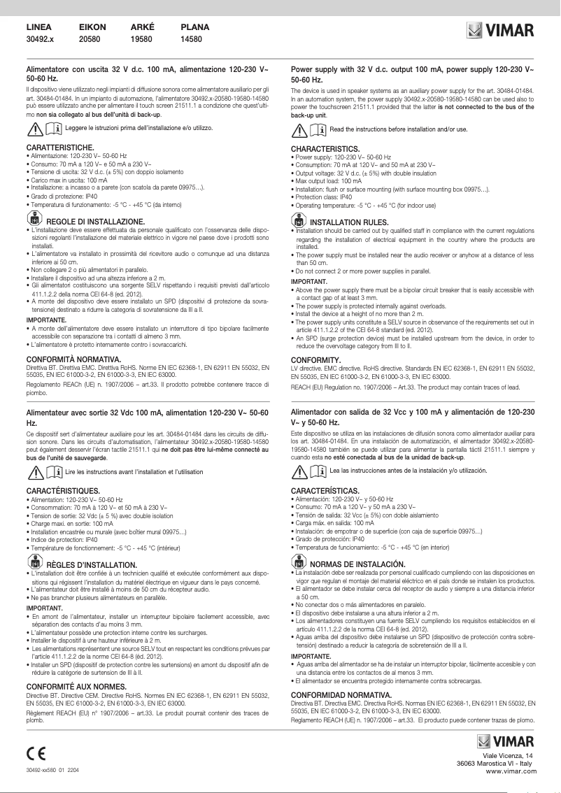 Page 1 of the manual User Manual Vimar 30492.C