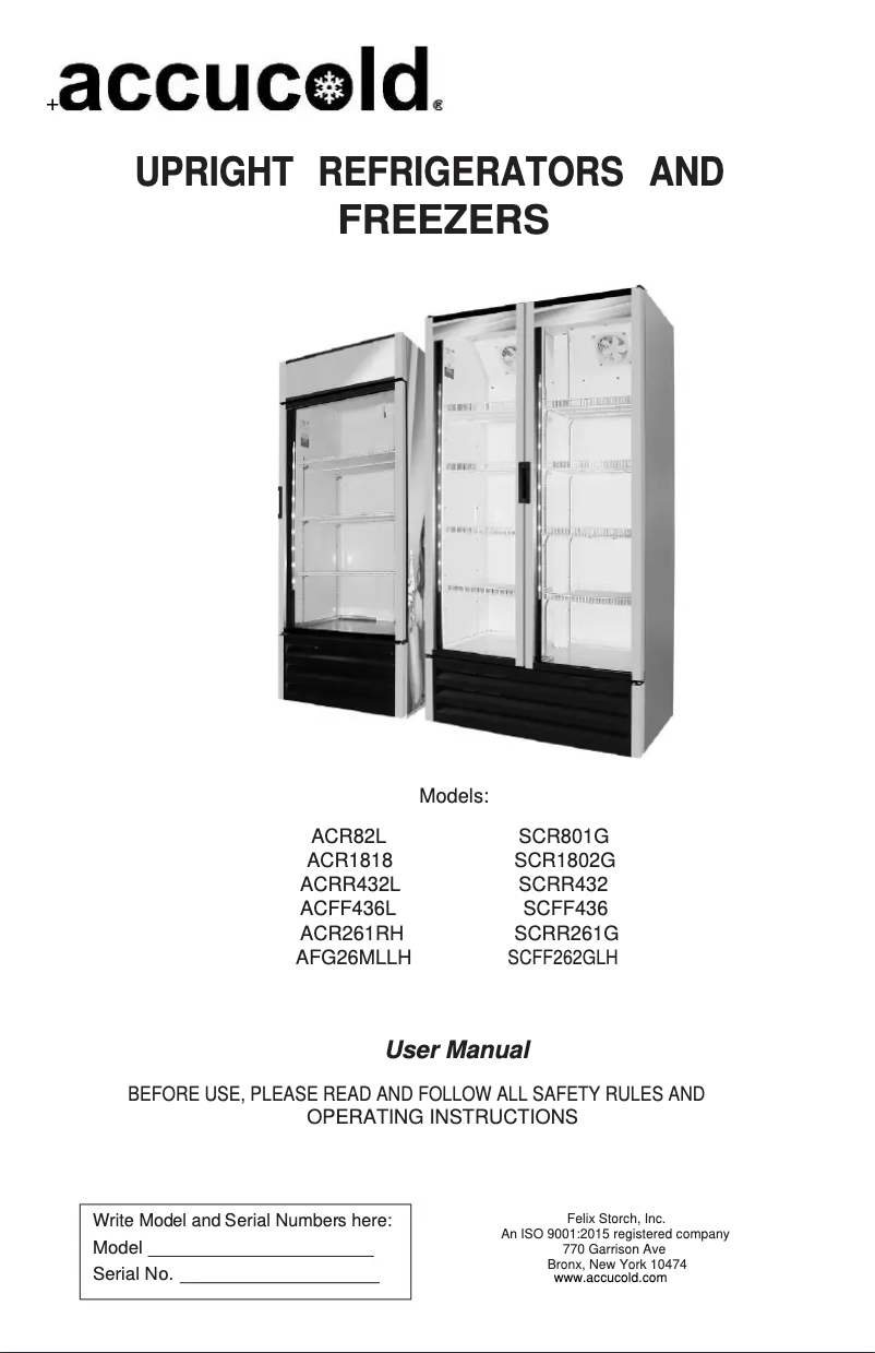 Page 1 of the manual User Manual Accucold SCR801G