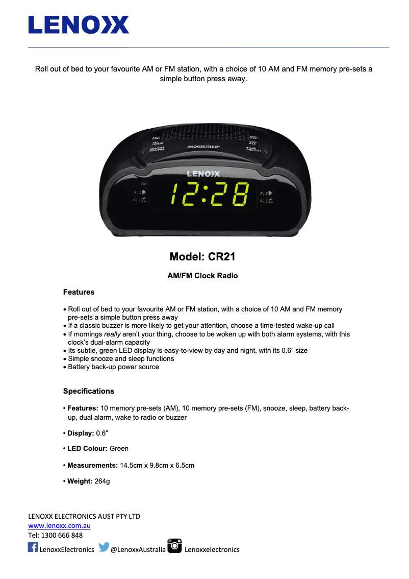 Page 1 of the manual Technical Sheet Lenoxx CR21