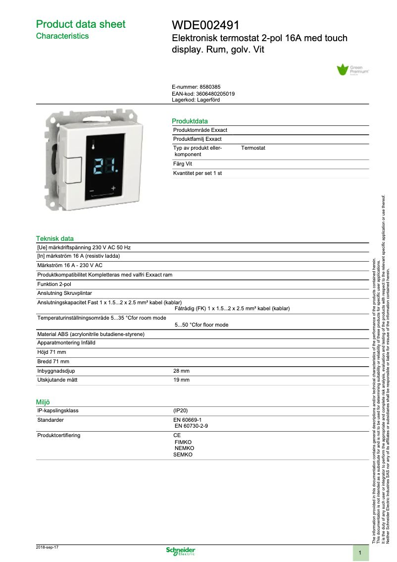 Page 1 of the manual Technical Sheet Schneider DTH-16