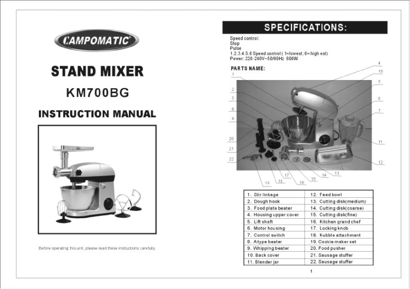 First page image of the manual for KM700BG