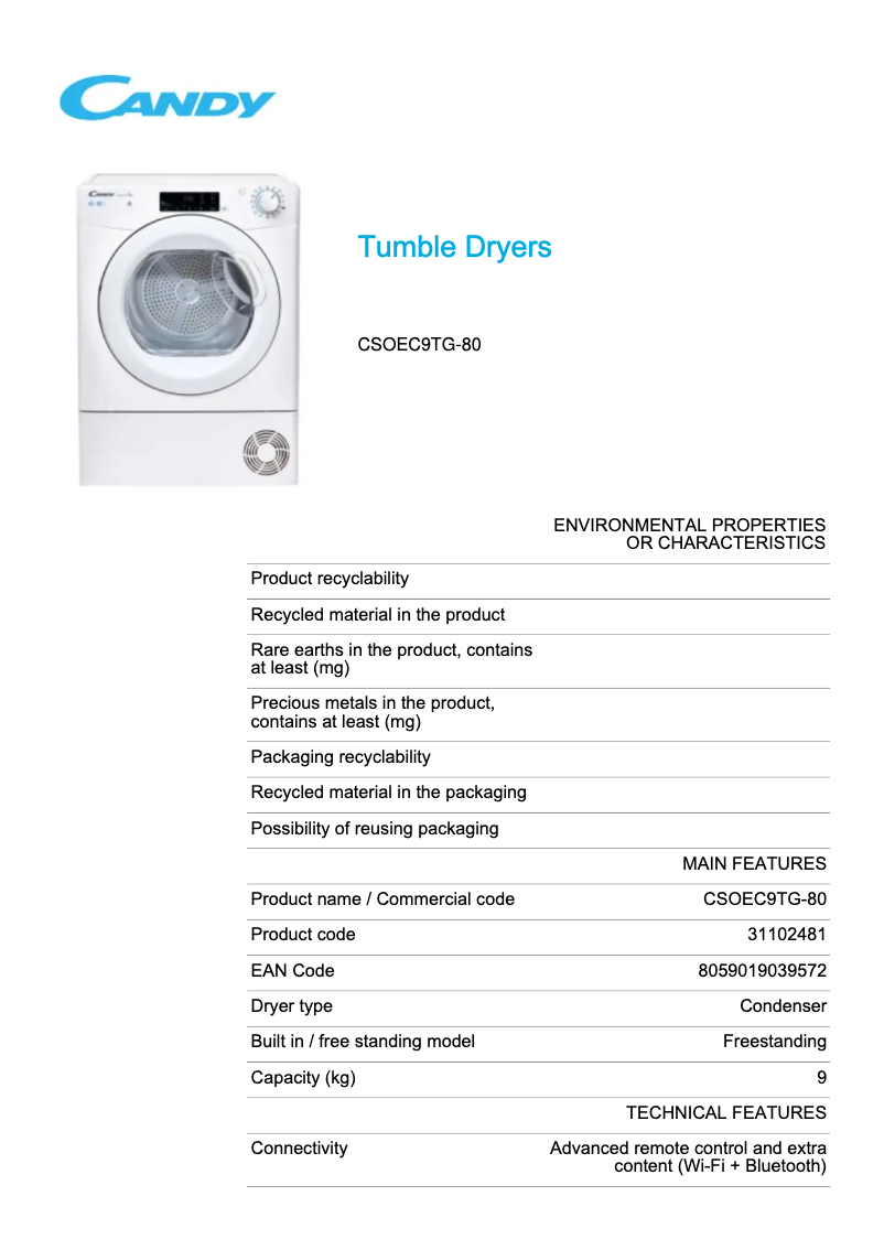 First page image of the manual for CSOEC9TG-80