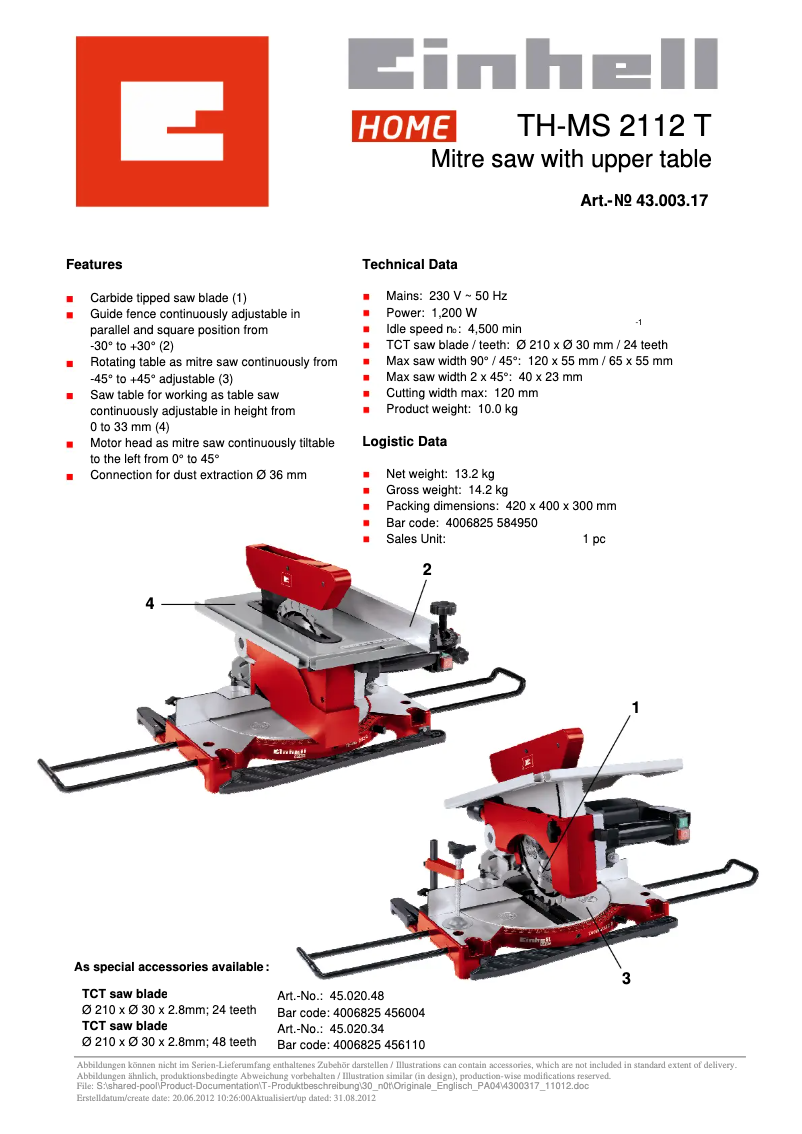 Page 1 of the manual User Manual Einhell TH-MS 2112 T