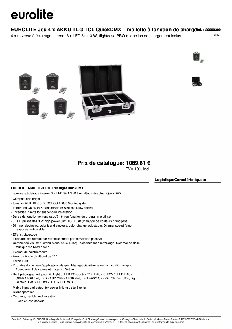 Page 1 de la notice Fiche technique Eurolite AKKU TL-3 TCL