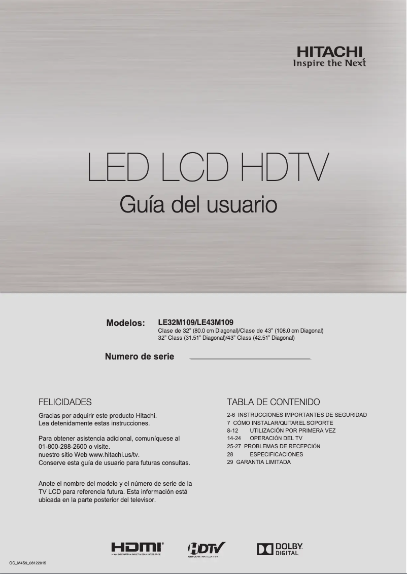 Page 1 of the manual User Manual Hitachi LE43M109