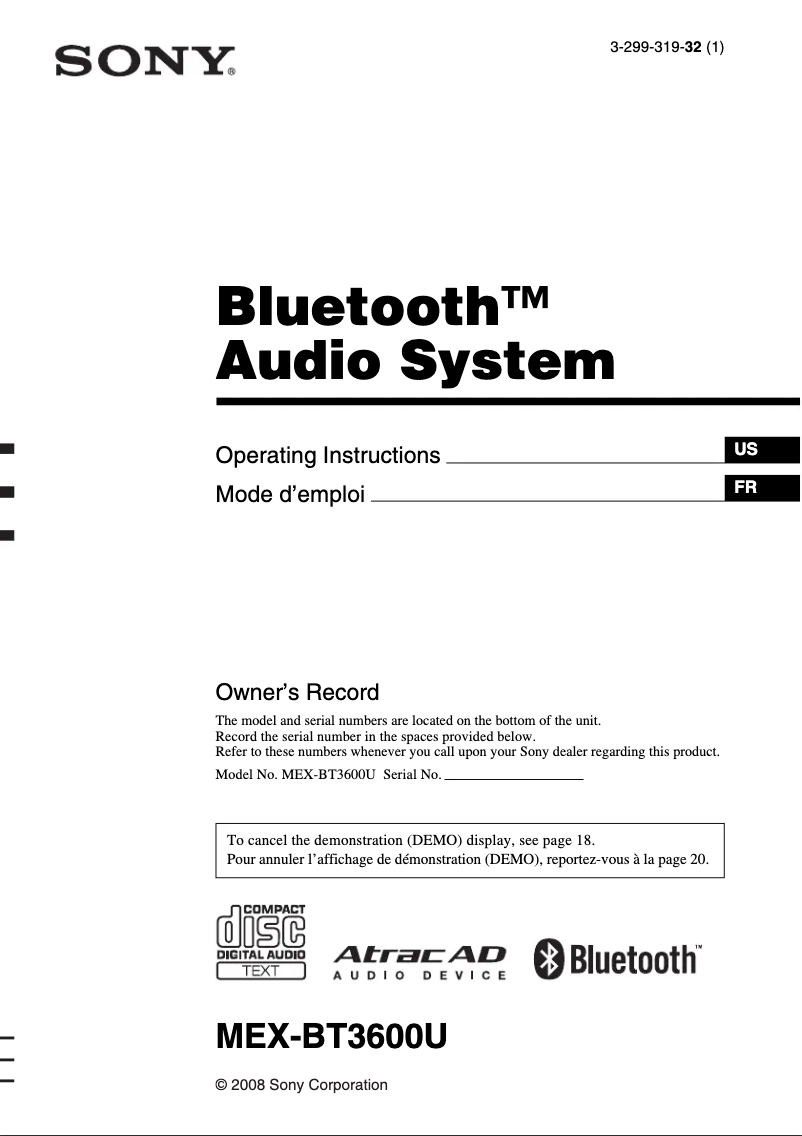 Page 1 of the manual User Manual Sony MEX-BT3600U