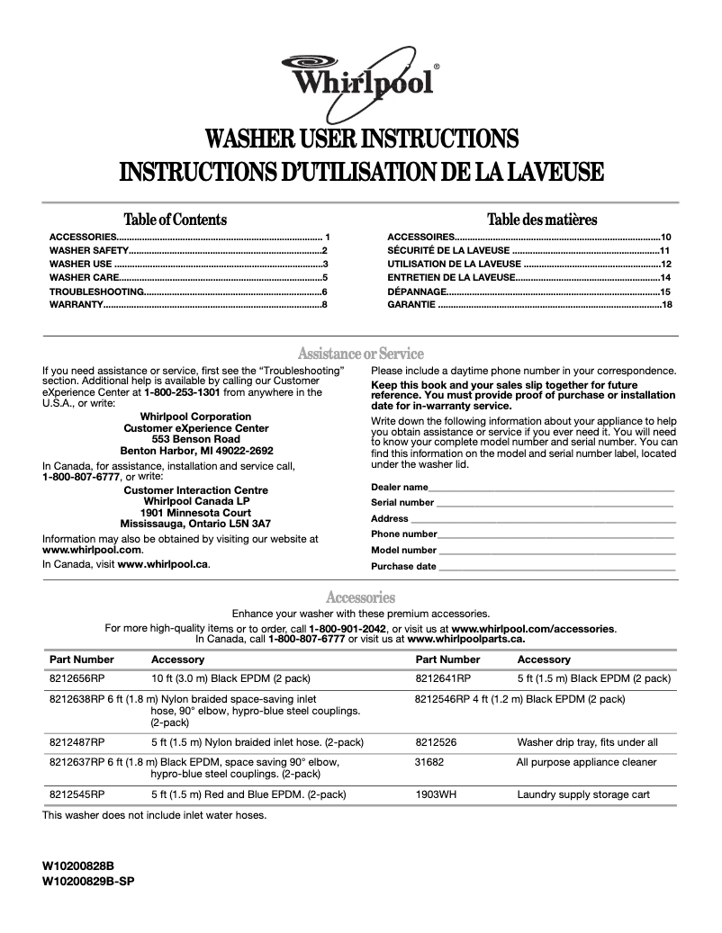 First page image of the manual for WTW5200VQ