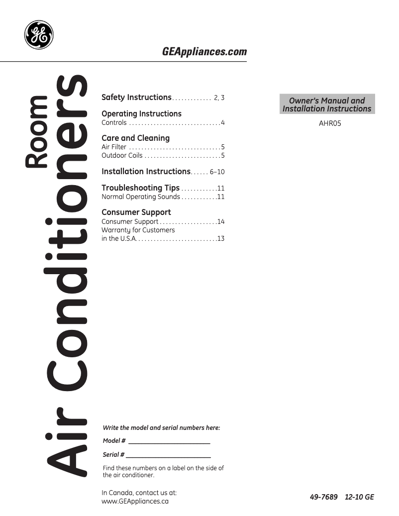 First page image of the manual for AHR05LP