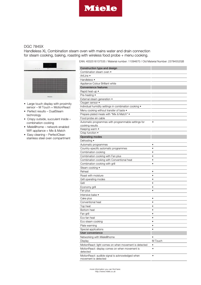 Page 1 of the manual Technical Sheet Miele DGC 7845X