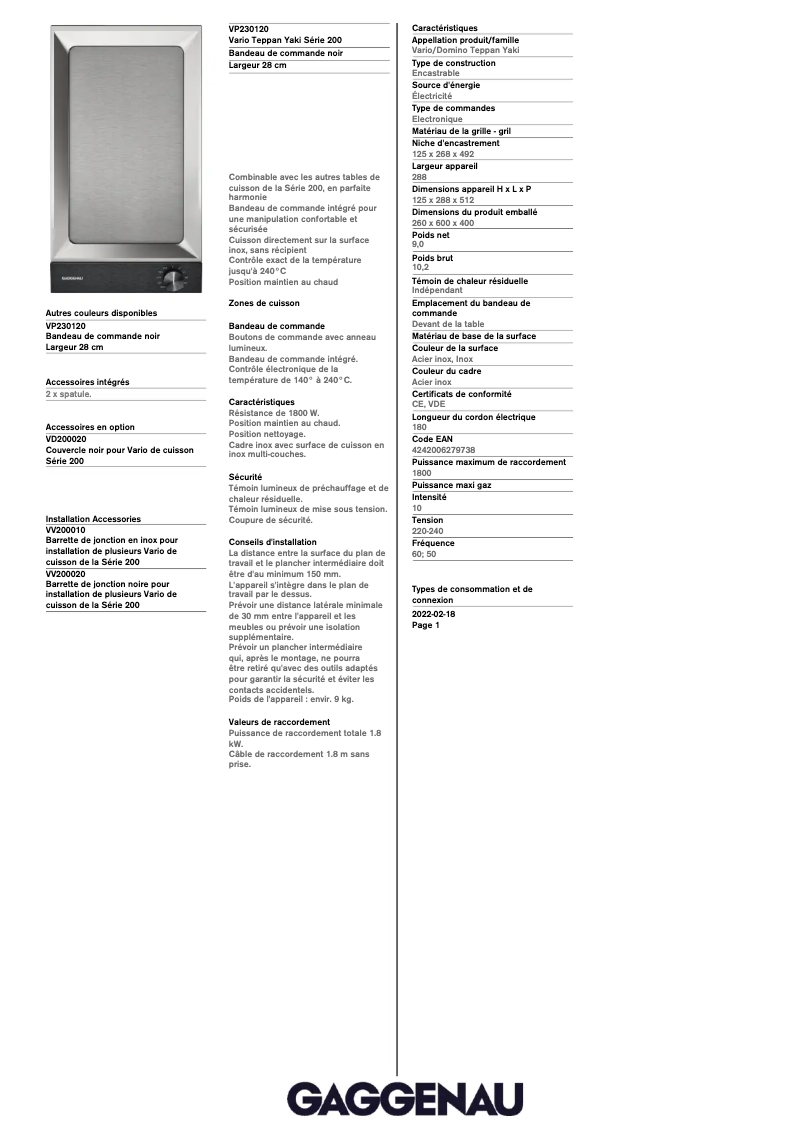 Page 1 of the manual Technical Sheet Gaggenau VP230120