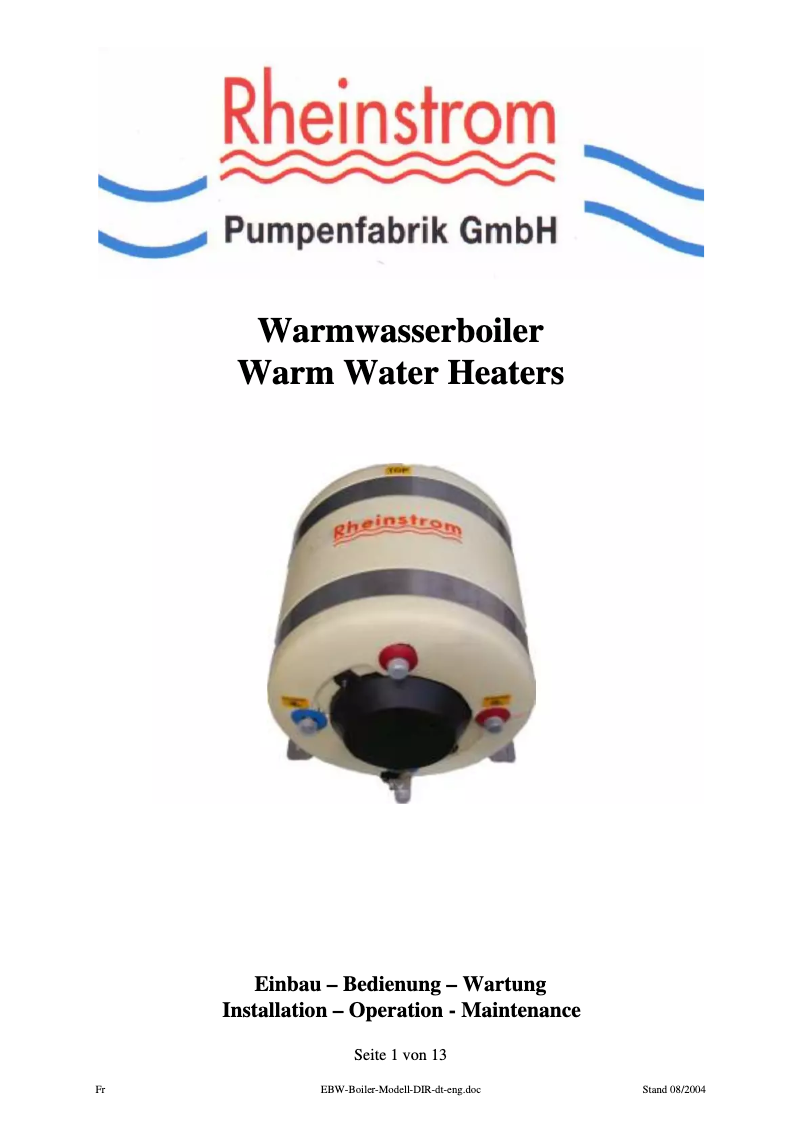 First page image of the manual for Warm Water Heaters